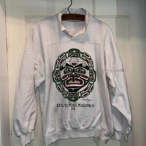 1992 Royal Victoria Marathon collared sweatshirt Indigenous artwork print